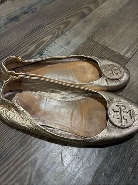 Tory Burch Metallic Gold Leather Logo Ballet Flats